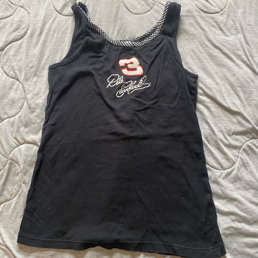 Vintage nascar for women black tank top with checkered flag border detail .